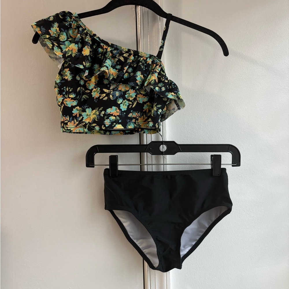 Ruffle Butts Floral One-Shoulder Swimsuit - Black bottoms size 12 two piece